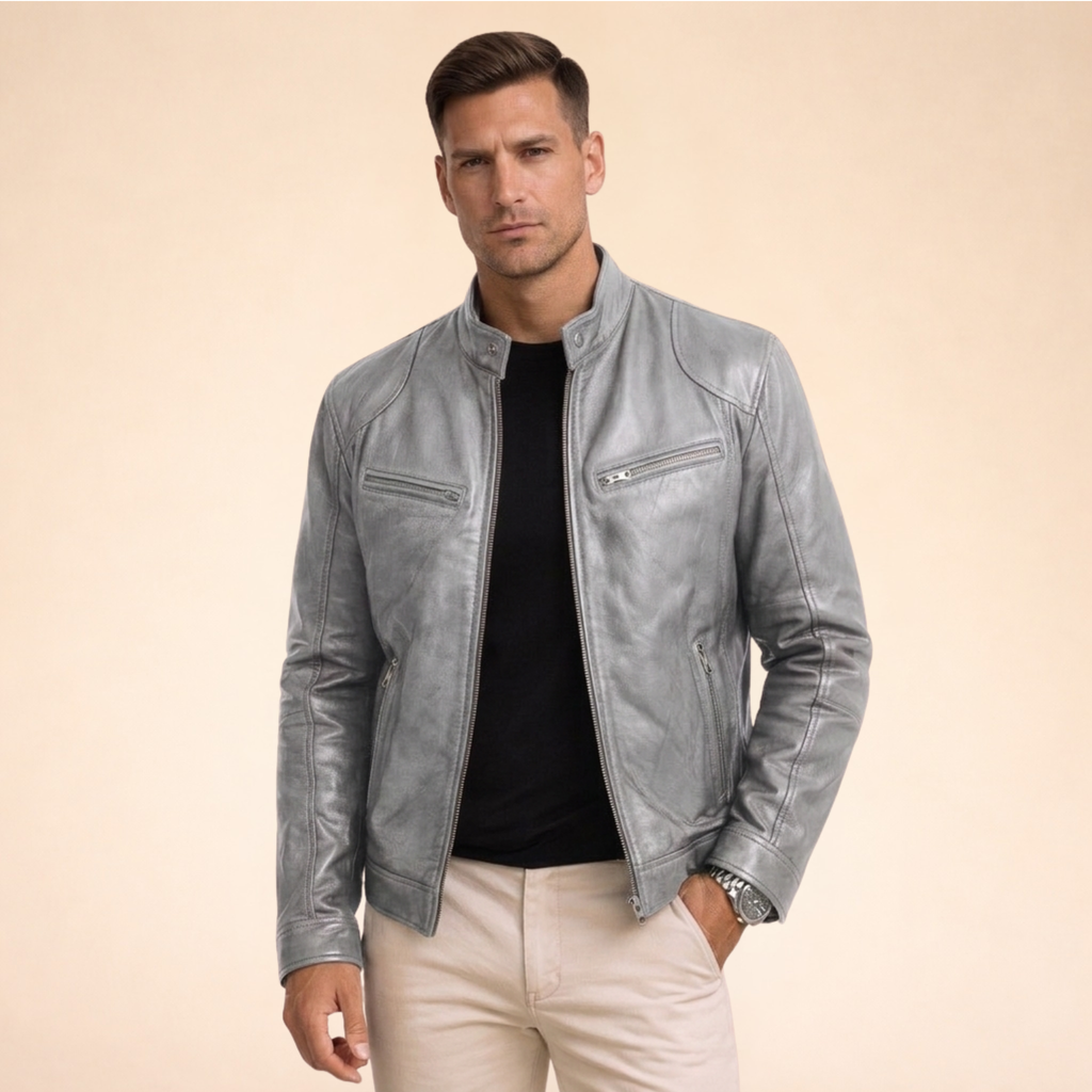 Men's long-sleeved stand-collar jacket with multiple zipped pockets