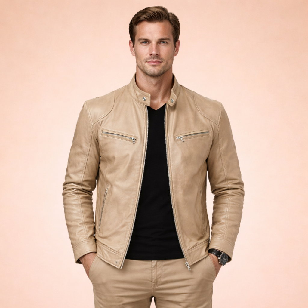 Men's long-sleeved stand-collar jacket with multiple zipped pockets
