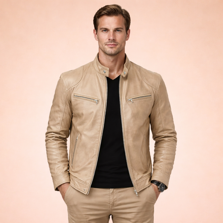 Men's long-sleeved stand-collar jacket with multiple zipped pockets
