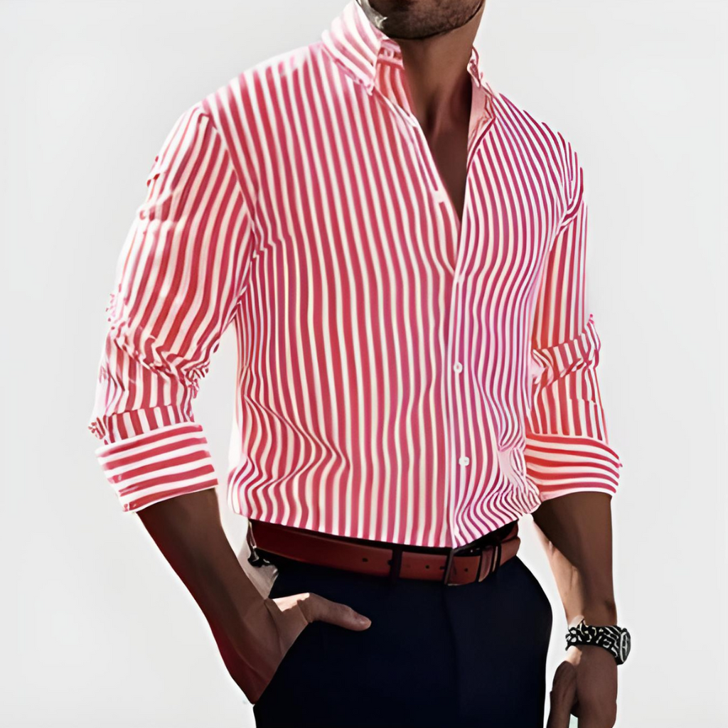 Men's vertical striped shirt with button front and rolled sleeves