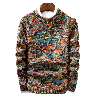 Men's multicoloured geometric knit sweater with crew neckline and long sleeves
