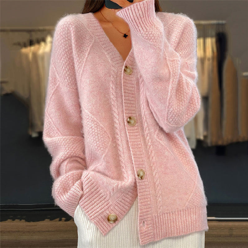 Women's cable knit cardigan with V-neck and button front