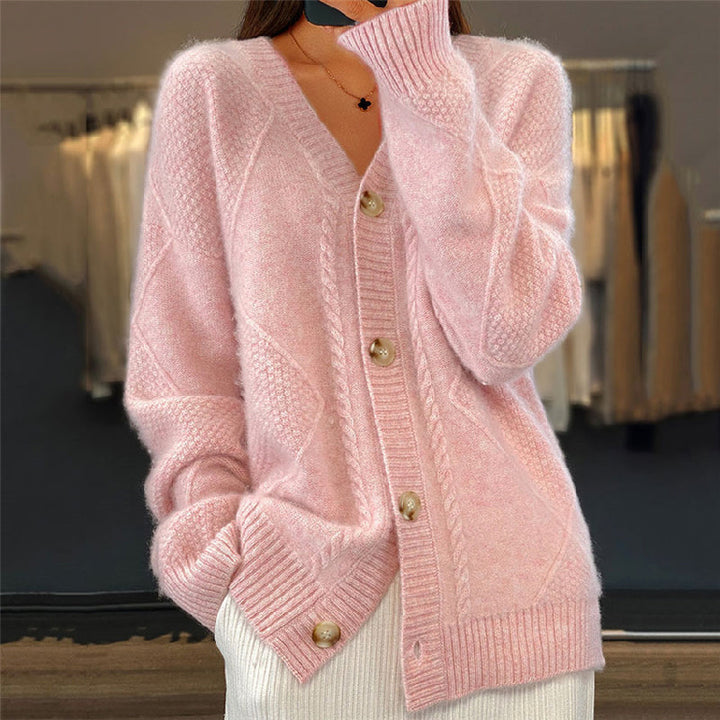 Women's cable knit cardigan with V-neck and button front