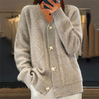 Women's cable knit cardigan with V-neck and button front