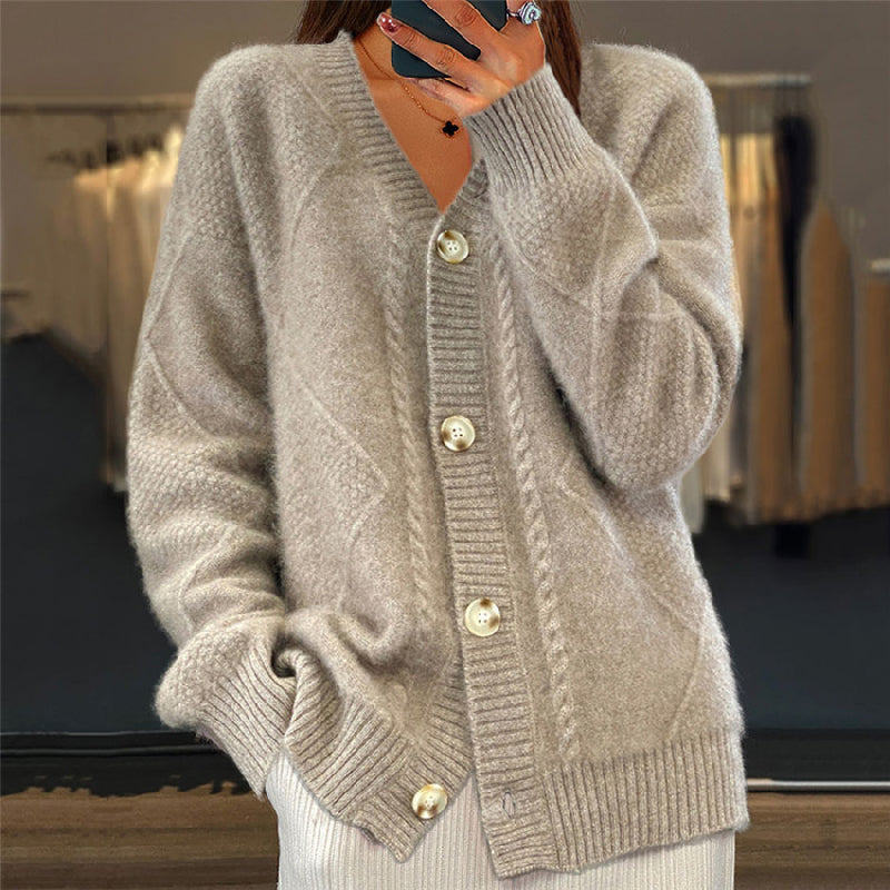 Women's cable knit cardigan with V-neck and button front