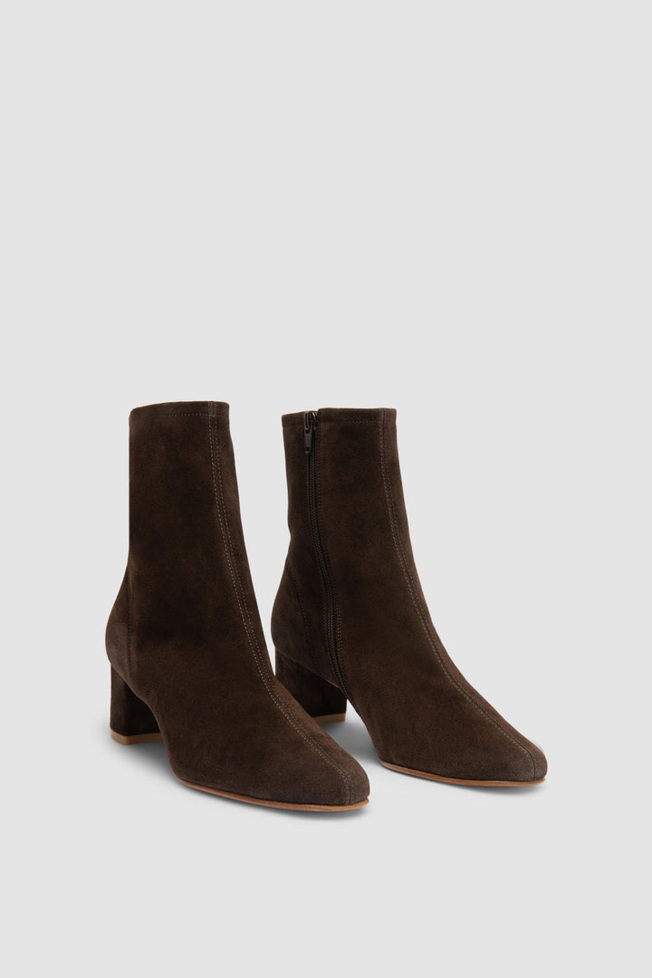 Women's brown ankle boots with side zipper and mid block heel