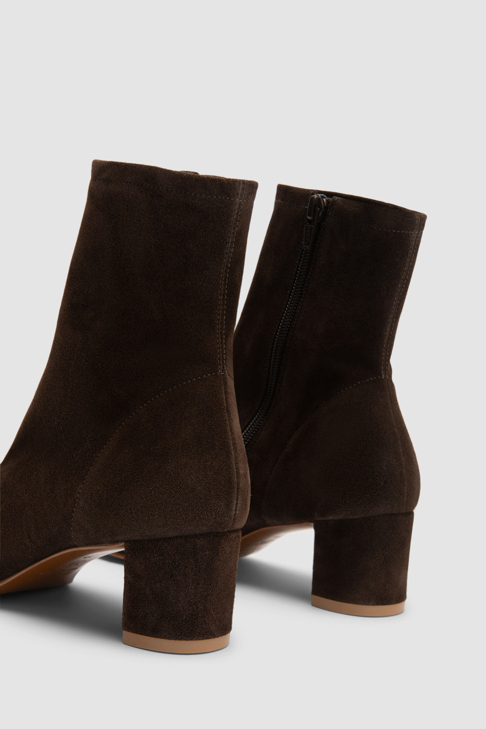 Women's brown ankle boots with side zipper and mid block heel