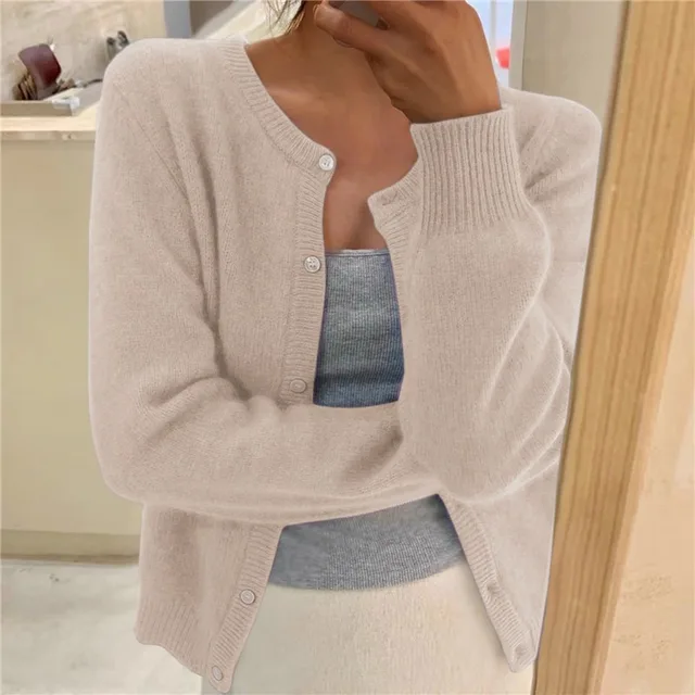 Women's waist-length knit cardigan with round neck and button front