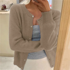Women's waist-length knit cardigan with round neck and button front