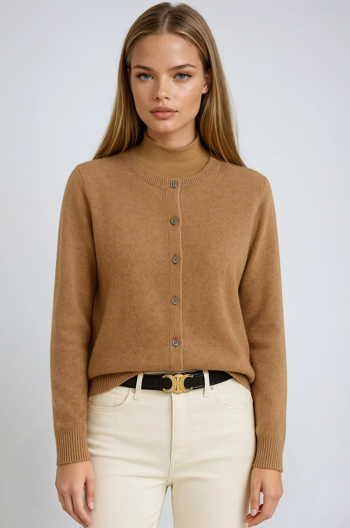 Women's long-sleeve button cardigan with round neckline and ribbed trims