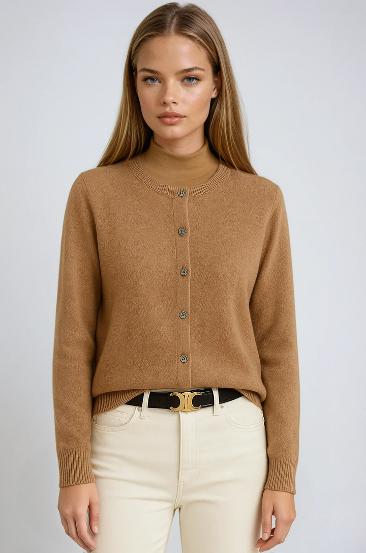 Women's long-sleeve button cardigan with round neckline and ribbed trims