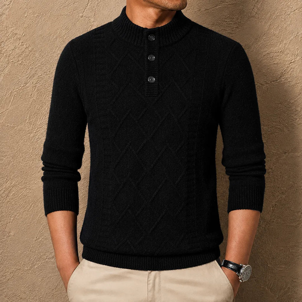 Men's textured geometric Henley jumper with mock neckline and long sleeves