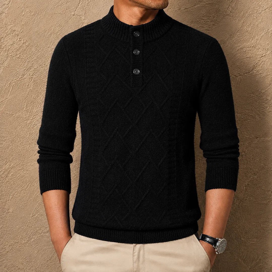 Men's textured geometric Henley jumper with mock neckline and long sleeves
