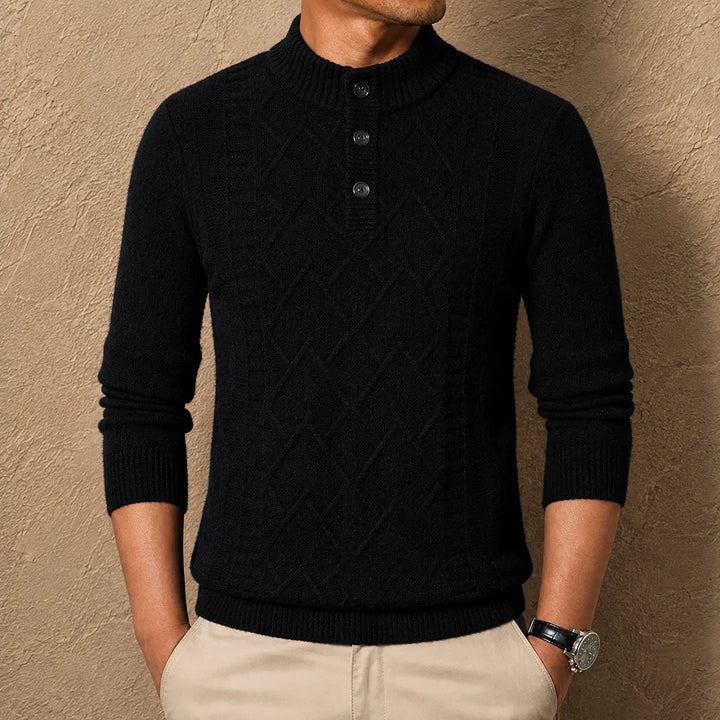 Men's textured geometric Henley jumper with mock neckline and long sleeves