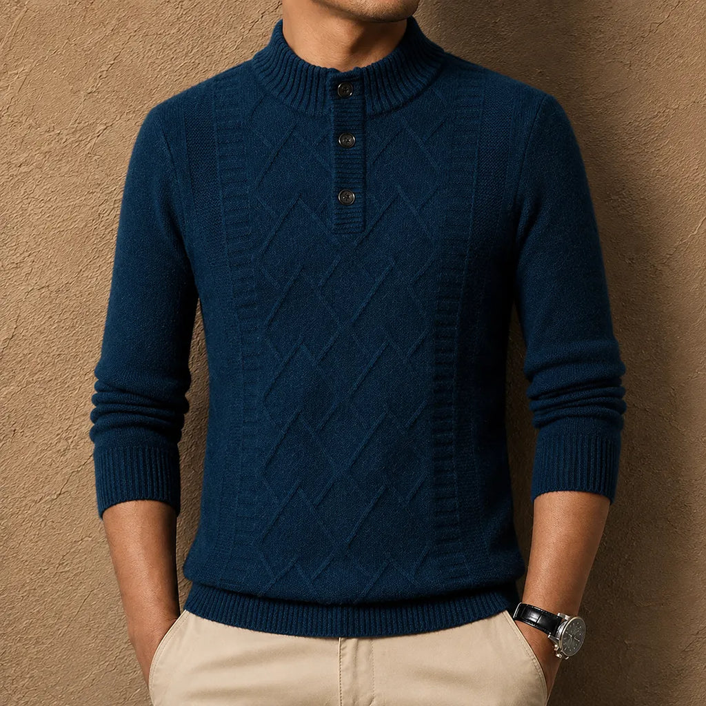 Men's textured geometric Henley jumper with mock neckline and long sleeves