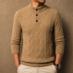 Men's textured geometric Henley jumper with mock neckline and long sleeves