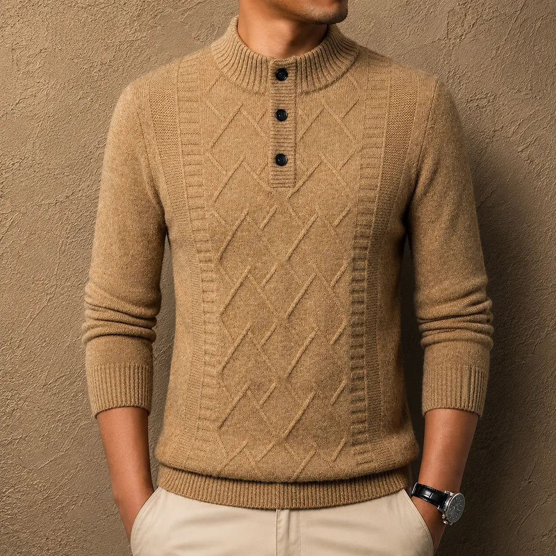 Men's textured geometric Henley jumper with mock neckline and long sleeves