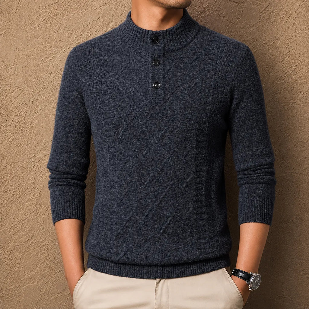 Men's textured geometric Henley jumper with mock neckline and long sleeves