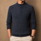Men's textured geometric Henley jumper with mock neckline and long sleeves