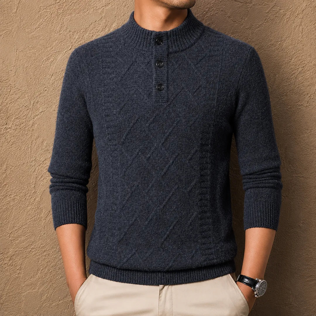 Men's textured geometric Henley jumper with mock neckline and long sleeves