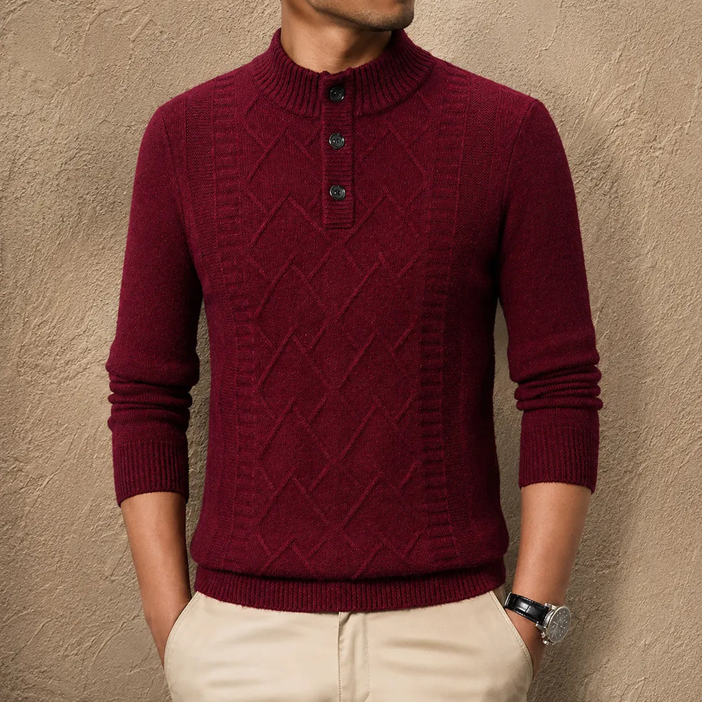 Men's textured geometric Henley jumper with mock neckline and long sleeves