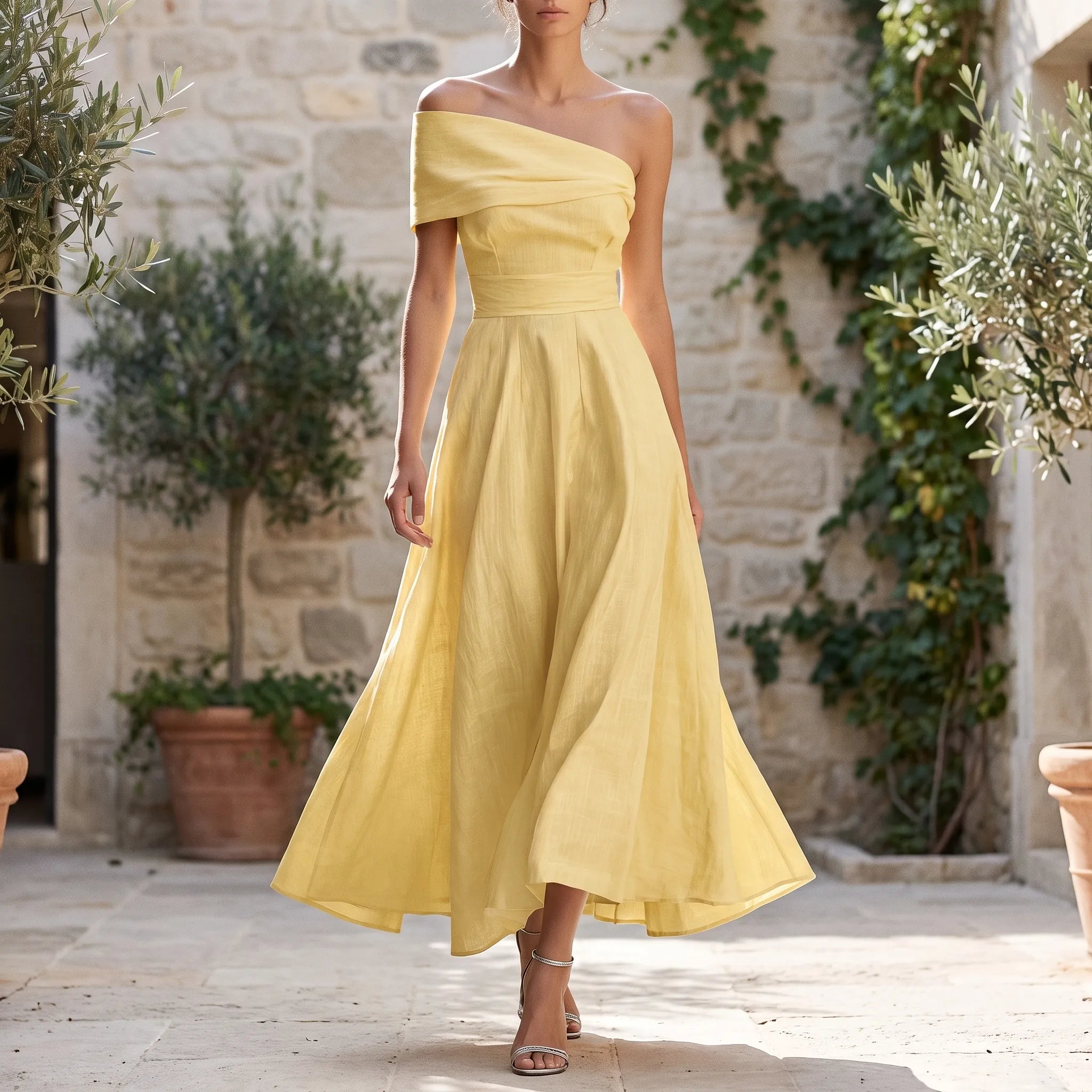 SolaraMaxi  - Yellow One-Shoulder Maxi Dress Wedding Guest Attire