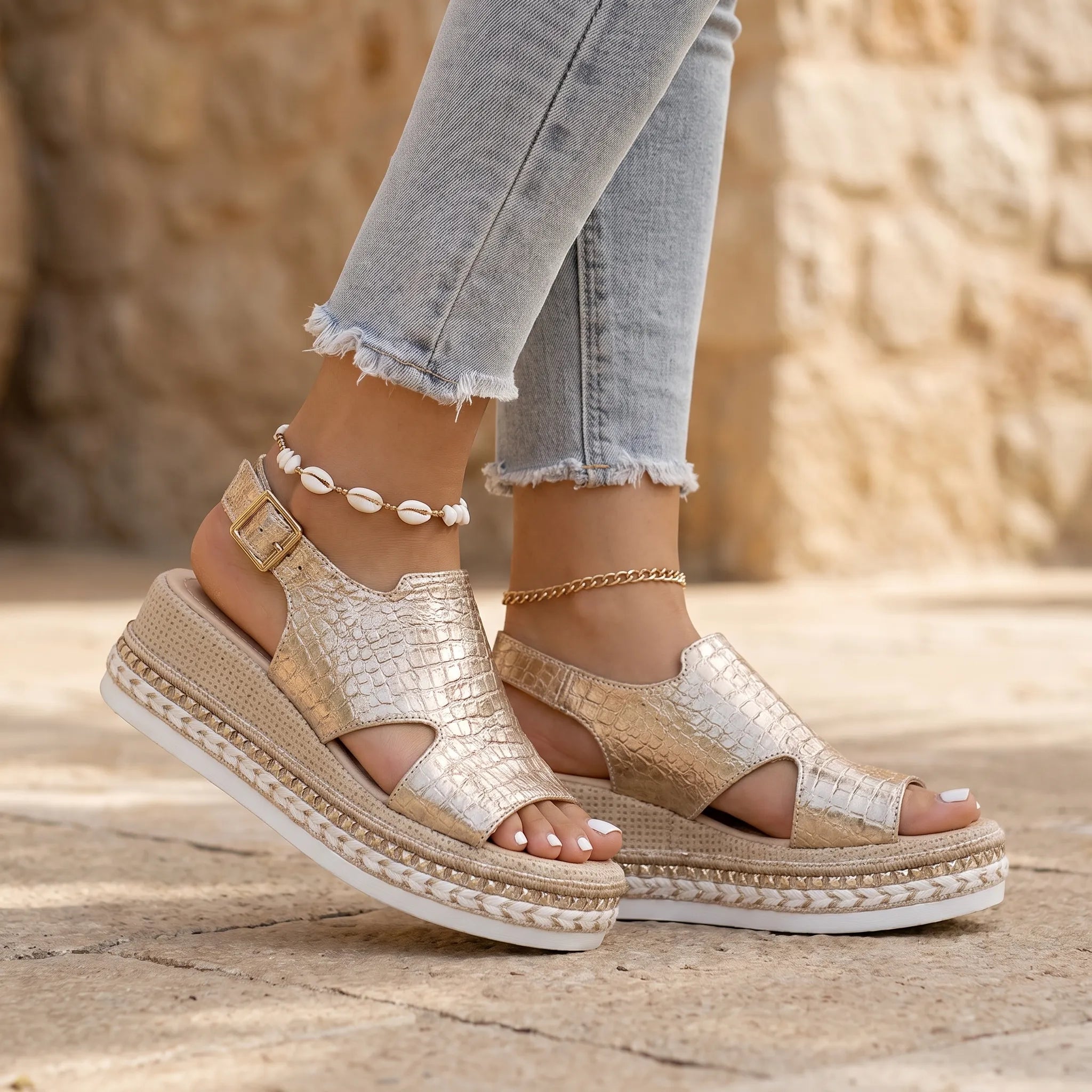 Soleva  - Metallic Open-Toe Platform Wedge Sandals Summer Walks