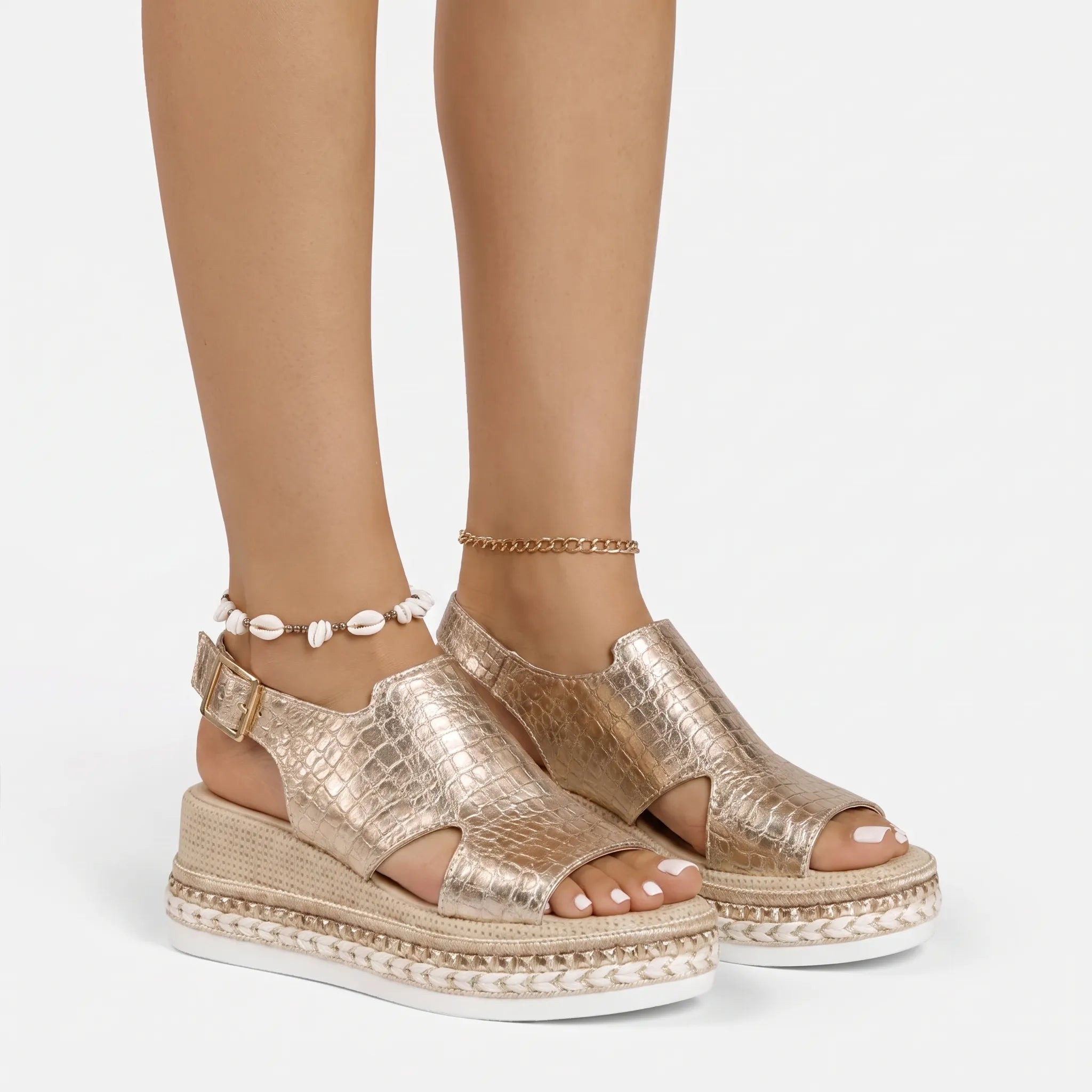 Soleva  - Metallic Open-Toe Platform Wedge Sandals Summer Walks