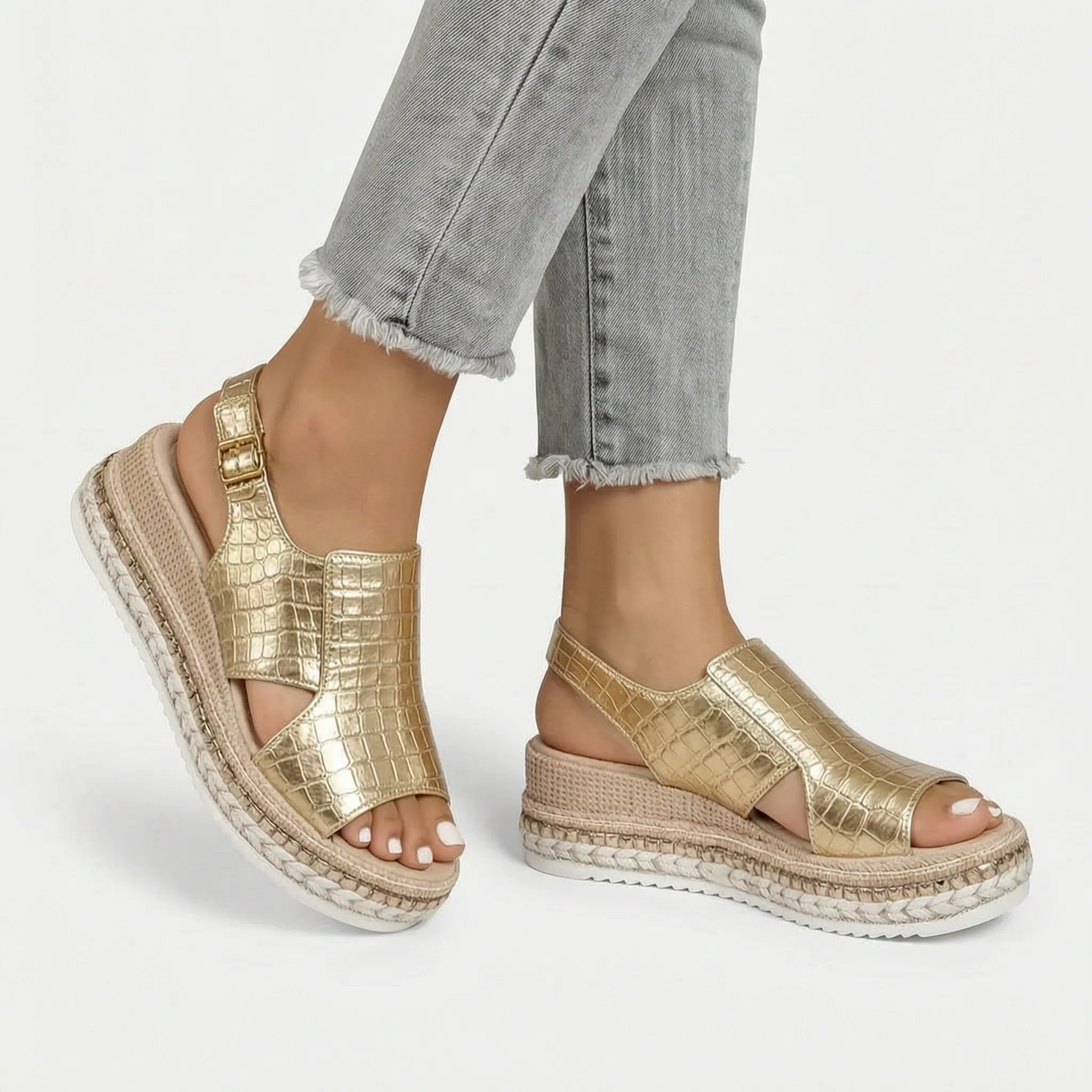 Soleva  - Metallic Open-Toe Platform Wedge Sandals Summer Walks