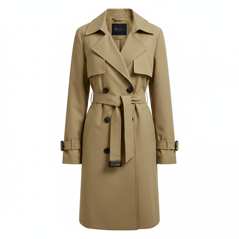 Women's long double-breasted trench coat with belt, lapel collar and cuff straps