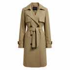 Women's long double-breasted trench coat with belt, lapel collar and cuff straps