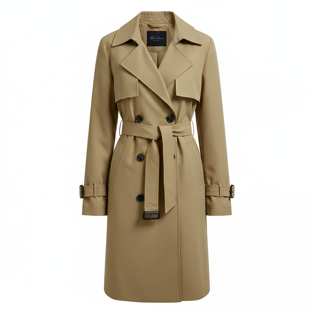 Women's long double-breasted trench coat with belt, lapel collar and cuff straps