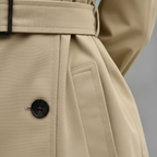 Women's long double-breasted trench coat with belt, lapel collar and cuff straps