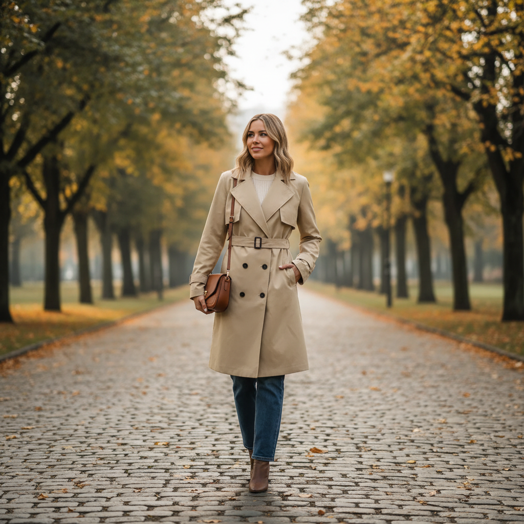 Women's long double-breasted trench coat with belt, lapel collar and cuff straps