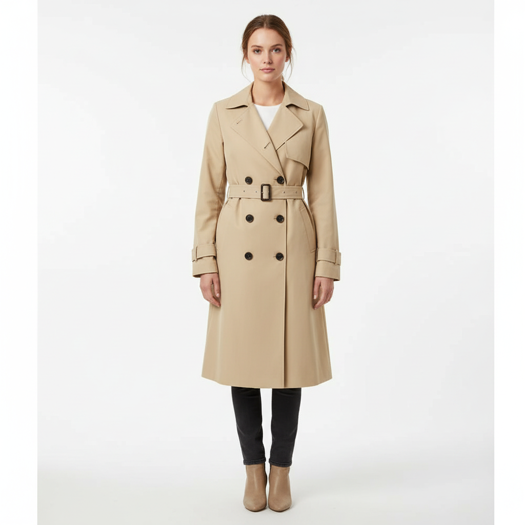 Women's long double-breasted trench coat with belt, lapel collar and cuff straps