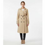 Women's long double-breasted trench coat with belt, lapel collar and cuff straps