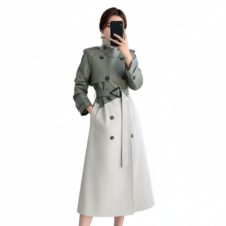 Women's two-tone trench coat with high collar and belted waist
