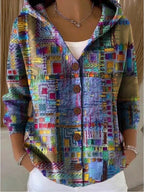 Women's multicolour hooded patchwork cardigan with buttons