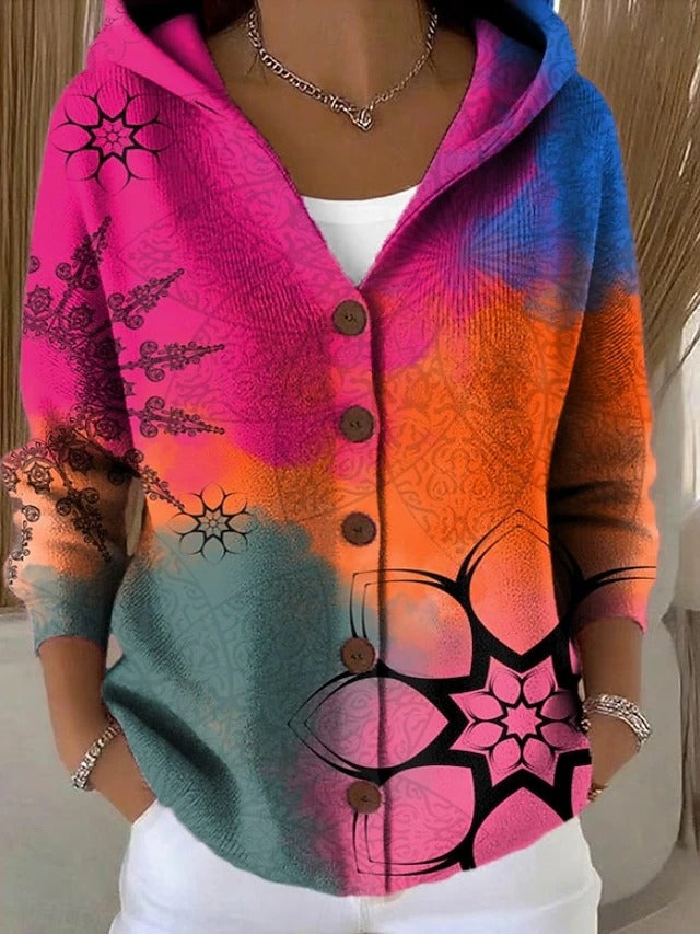 Women's multicolour hooded patchwork cardigan with buttons