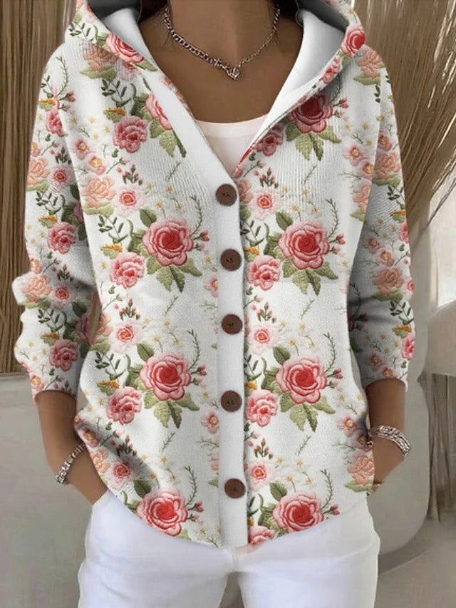 Women's multicolour hooded patchwork cardigan with buttons