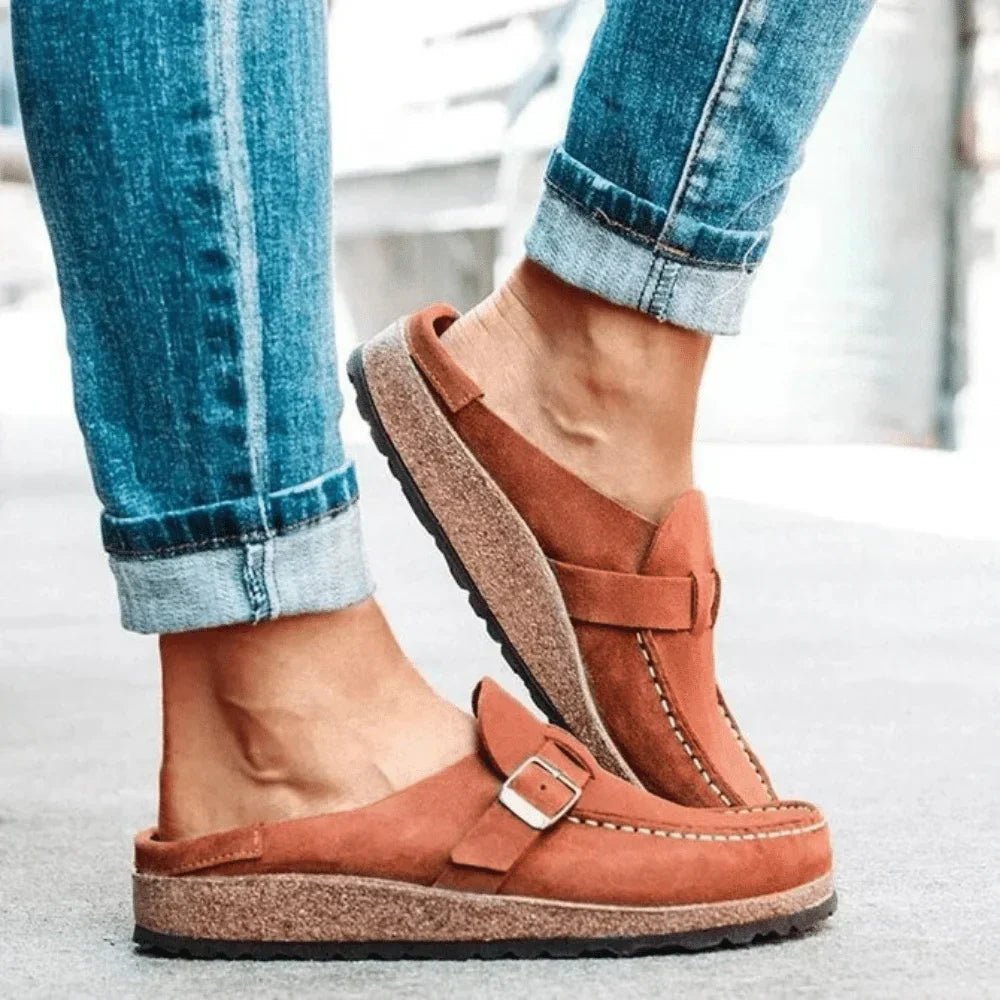 Women's buckle slip-on loafers with round toes and wedge soles