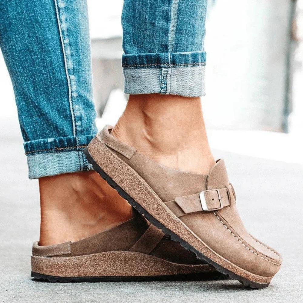 Women's buckle slip-on loafers with round toes and wedge soles