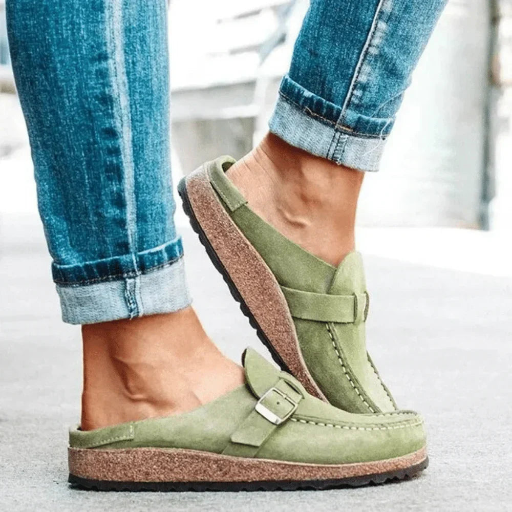 Women's buckle slip-on loafers with round toes and wedge soles