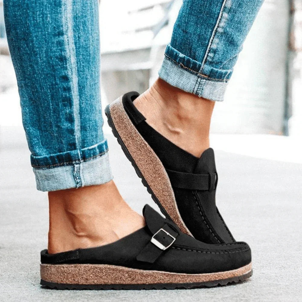Women's buckle slip-on loafers with round toes and wedge soles