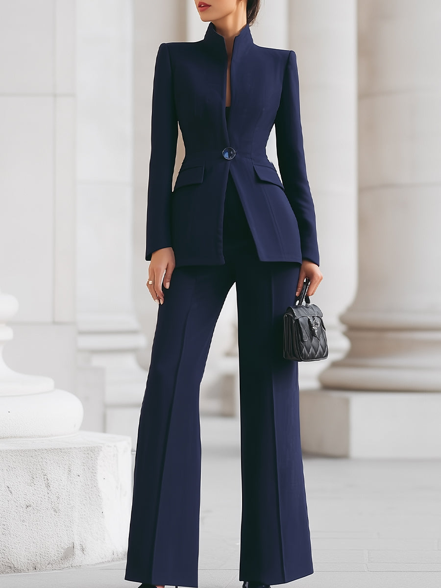 Women's two-piece suit with high-collar blazer and wide leg trousers
