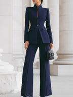 Women's two-piece suit with high-collar blazer and wide leg trousers