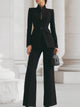 Women's two-piece suit with high-collar blazer and wide leg trousers