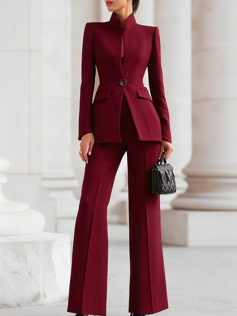 Women's two-piece suit with high-collar blazer and wide leg trousers