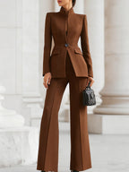 Women's two-piece suit with high-collar blazer and wide leg trousers