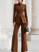 Women's two-piece suit with high-collar blazer and wide leg trousers